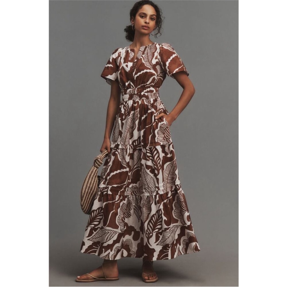Women's Brown Leaf-Print Anthropologie Somerset Maxi Dress
